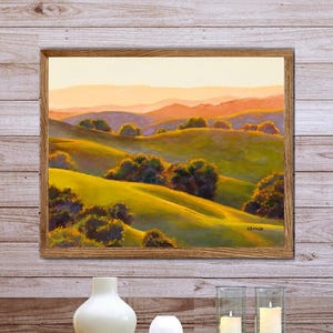 PRINT California Rolling Hills, Green mountains art, Landscape painting print, Living room wall art, Oak trees painting, Countyside art