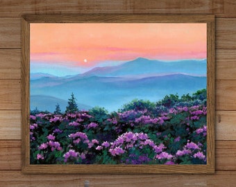 Sunset mountains art PRINT, Spring landscape wall art, Great smoky mountains Virginia artwork, Blue Ridge Purple flowers Shenandoah poster