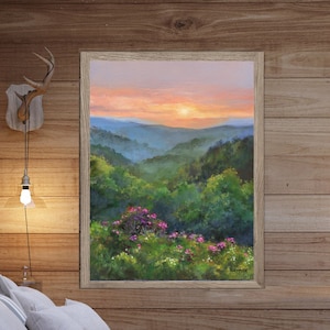 Blue Ridge oil painting print, Mountains panoramic wall print, American landscape artwork, Spring flowers print Landscape, Countryside art