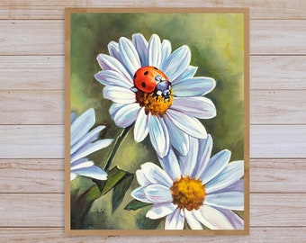 デイジーとてんとう虫のプリント、花と昆虫の絵画、農家の植物アート