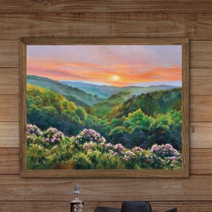 Blue Ridge PRINT wall art, Colorful landscape wildflowers painting, Virginia mountains flowers spring art Happy nature summer cabin decor
