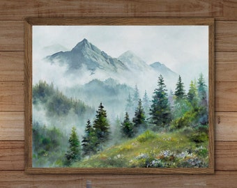 Neblige Berge Kiefern ORIGINAL Gemälde, neblige Waldlandschaft Kunstwerk, Washington Wildnis Kunst, launische Natur Wandkunst, PNW Souvenir