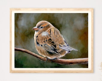 Sparrow art PRINT, Realistic painting of bird, Wildlife animal art cabin decor, Nature sparrow artwork, Vintage bird oil painting