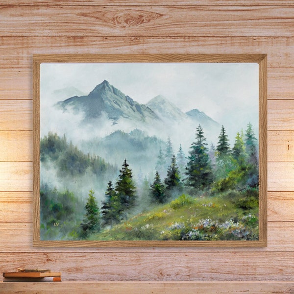 Spurce tree foggy landscape art PRINT, Canadian mountains artwork, Panoramic wildflower misty forest horizontal wall art, Above couch decor