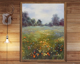 Spring field of flowers art PRINT, Soft landscape wall print, Green and orange wildflowers wall art, Vintage farmhouse prints, Cottage decor