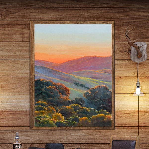 California countryside PRINT, California hills print, Sunset mountain art, American landscape painting, Farmhouse living room wall decor