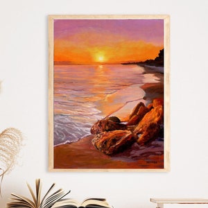 Sunset seascape art PRINT, California beach sunset painting, Sonoma coast wall art, Nautical art, Sea painting poster, Rocks beach sunny