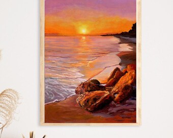 Sunset seascape art PRINT, California beach sunset painting, Sonoma coast wall art, Nautical art, Sea painting poster, Rocks beach sunny