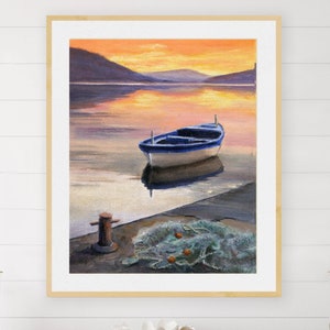 Ruderboot / Ruderboot Malerei PRINT, ruhige See Anlegesteg Kunst, Pier Fischboot Sonnenuntergang Kunst Poster, Dock Bay Wasserreflexionen, Angelliebhaber Geschenk für Papa