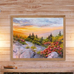 Virginia mountains art PRINT, Rhododendron Blue Ridge sunset oil painting, Raven rocks art,Smoky Mountains colorful giclée poster horizontal