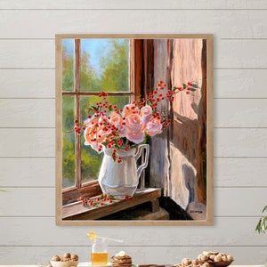 Roses still life art PRINT. Romantic window painting still life,Classic floral wall decor, Rustic kitchen decoration Warm colors cottage art