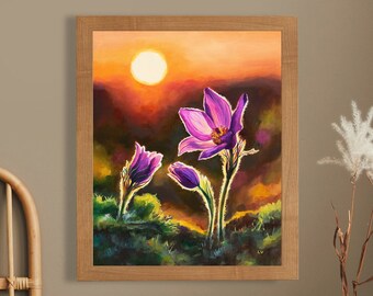 Anemone pulsatilla PRINT, Pasque flower painting, Sunlight flowers at sunrise artwork, Purple floral landscape art print, Nature lover gift