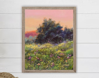 Grassy field PRINT wall art, Vintage wildflower field PRINT, Prairie landscape painting, Country farmhouse wall art Rustic housewarming gift