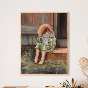 May include: A painting of a young girl sitting on a porch step, holding a white rabbit close to her chest. She is wearing a green dress and has red hair. The background is a wooden door and a grassy area.