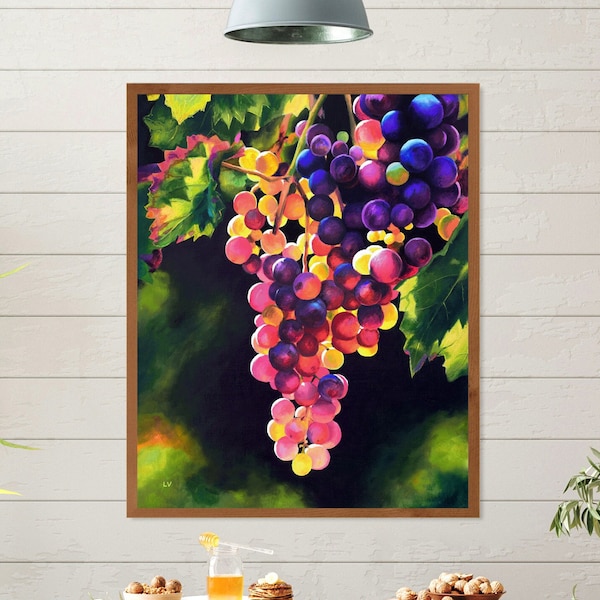 Impression de grappes de raisin, peinture de vigne, art mural de cuisine de ferme, impression de nature morte de nourriture colorée, peinture à l'huile de Toscane méditerranéenne
