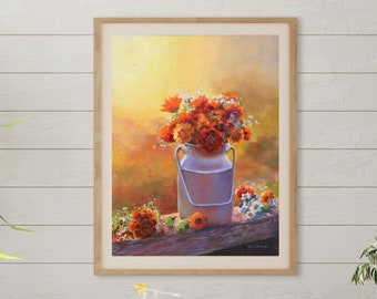 Orange flowers bouquet PRINT, Floral vase still life poster, Rustic kitchen oil painting, Homestead wall art Farmhouse kitchen, Gift for mum