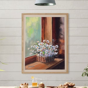 Daisy still life art PRINT, Flower bouquet painting, Rustic kitchen wall art, Floral still life artwork, Antique oil painting, Cottage decor