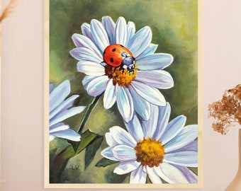 デイジーとてんとう虫のプリント、花と昆虫の絵画、農家の植物アート
