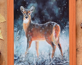 森の動物の油絵オリジナル、雪景色の鹿の絵、アート湖の家の装飾