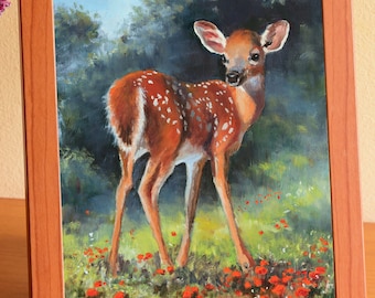 子鹿のオリジナルアートワーク、かわいい動物の油絵、小さな鹿のアート