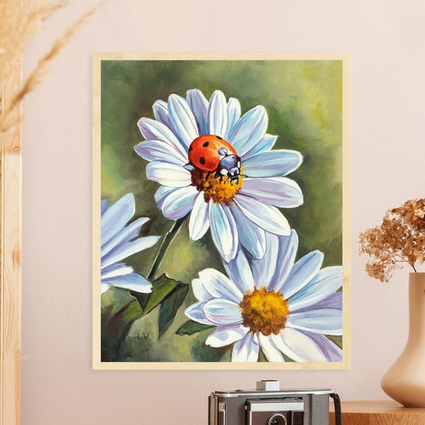 Daisy and ladybug PRINT, Flower and insect painting, Farmhouse botanical art print, Country kids room decor, Ladybug gifts for nature lover