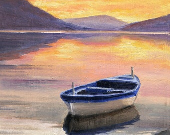 Bootsdock ORIGINAL Gemälde, Fischerboot Landschaft, Dock Sonnenuntergang Kunstwerk, Dockside Malerei, Fischer Geschenk, Haus Dekor am See, Nautische Kunst