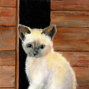 Peinture originale de chaton, art mural de chaton mignon grange de chat siamois vintage cadeau d'amoureux de chat pour un décor rustique portrait de chat de ferme chat de pépinière
