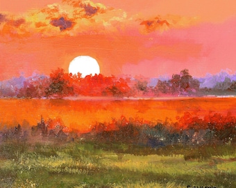 赤い夕焼けの絵画オリジナル、平和な川の壁アート、カラフルな