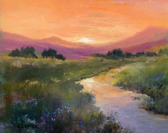 ヴィンテージ風景画オリジナル、額入り風景画、夕焼けアートワーク