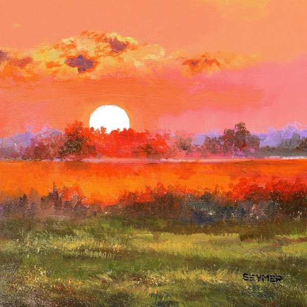 Roter Sonnenuntergang Malerei ORIGINAL, Friedlicher Fluss Wandbild, Buntes Ölgemälde Haus Dekor, Ruhige Dämmerung Fluss, 150x280 Warme Farben Landschaft