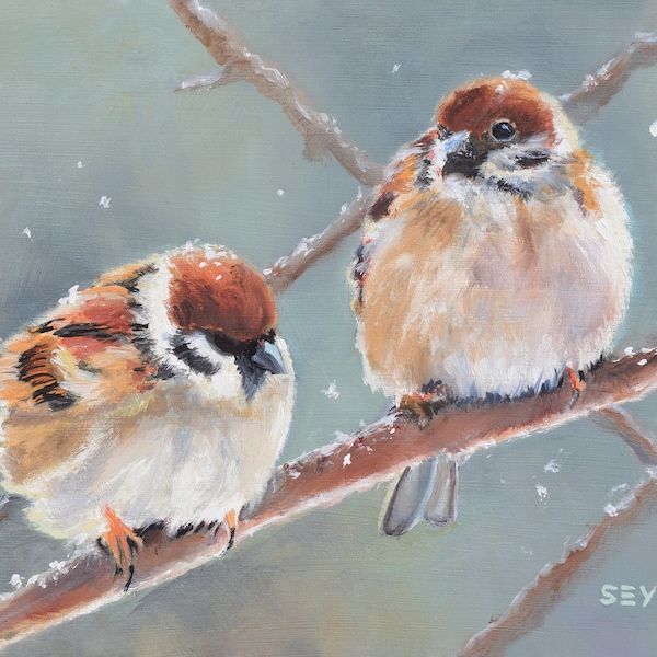 Peinture de couple d'oiseaux, art moineau ORIGINAL, mini peinture à l'huile animal, petite peinture encadrée, art de la nature pour chambre d'enfant, cadeau moineau pour baby shower