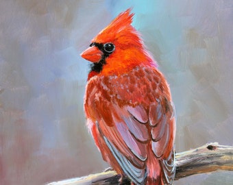 Cardinal bird ORIGINAL oil painting, Northern cardinal art, Realistic red cardinal Framed birds painting Woldlife animal art Little red bird