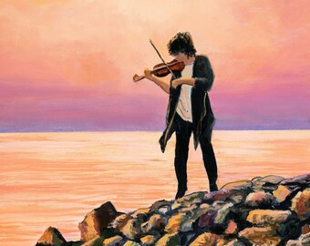 Violinist painting oil ORIGINAL framed, Musical instruments art decor, Violin lovers artwork Musician gift Music room decor Breakwater beach