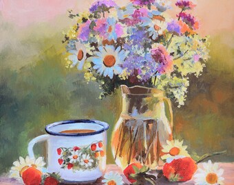 花瓶の油絵、小さな静物画、デイジーの絵、オリジナル油絵、額装された