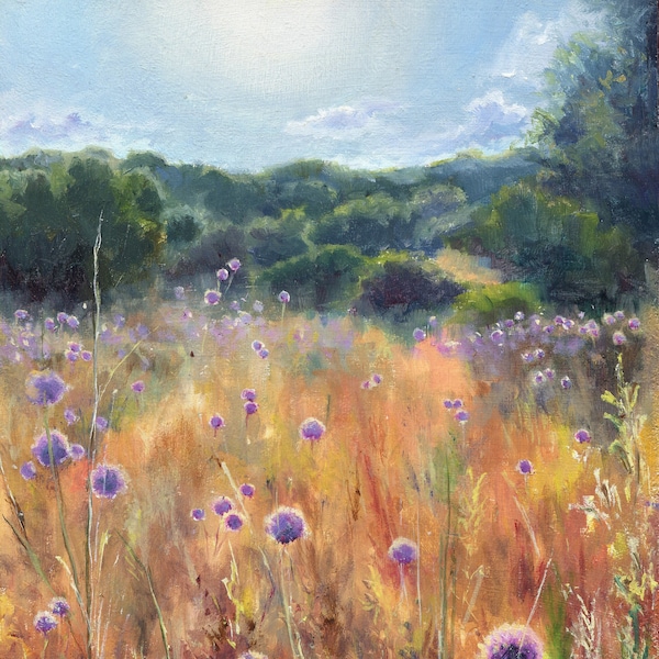 Flower field ORIGINAL artwork, Meadow landscape oil painting, Rural summer wall art, Countryside Wildflower art Cottagecore decor Art framed