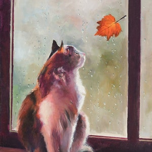 Peinture à l'huile ORIGINAL de portrait de chat, peinture de chat sur la fenêtre pour le décor d'angle rustique, art de fenêtre pluvieux, art original pour le décor de rebord de fenêtre