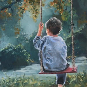 Swing painting with little boy, Small oil artwork original, Children wall art painting, Lake scene art, Lake house wall art Cabin gifts idea