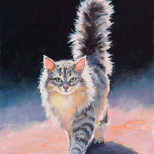 Peinture de chat Maine coon, cadeau Maine coon, petite peinture encadrée pour la décoration de bureau, art original de chat, cadeau pour les amoureux des chats, cadeau pour propriétaire de chat