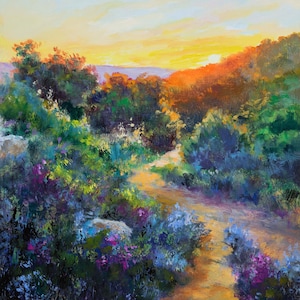 Colorful landscape ORIGINAL oil painting, Country pathway, Tuscany landscape artwork, Spring sunset Modern wall art, Rustic kitchen decor