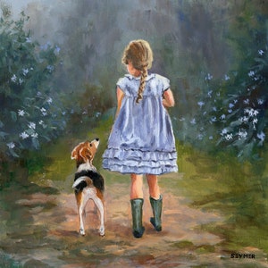 Little girl painting ORIGINAL, Beagle dog vintage art, Animal wall art, Pet portrait oil painting, Bedroom childs decor, Friend dog art