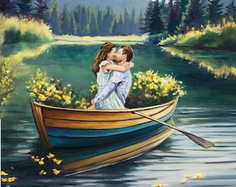 Commission portrait oil painting from photo, Custom people portrait with landscape, Hand painted couple wall art, Turn photo into painting