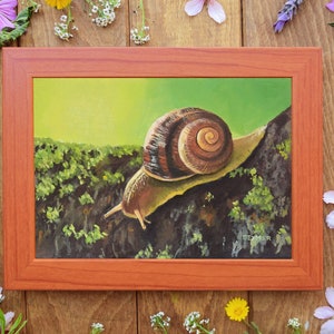 Garden snail painting, Whimsical snail art, Small painting for cottagecore art, Woodland wall art for nursery room decor, Gifts for gardener