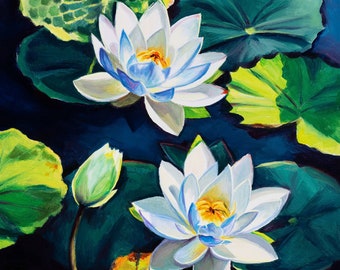 Large water lily pond oil painting, Water flowers ORIGINAL artwork, Waterlilies boho wall art, Fine art painting original, Yoga studio decor