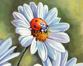 オリジナルのてんとう虫の絵画、てんとう虫の油絵、額装されたデイジー