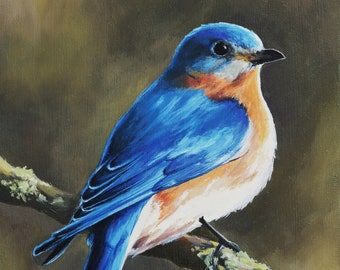 Ostblaues Vogel-Kunstwerk, Glücksvogel-Wandkunst, ORIGINAL-Vogel-Ölgemälde, amerikanisches Wildtierporträt, Bluebird-Geschenk, Muttertagsgeschenk