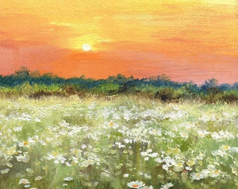 白いデイジー畑のオリジナル絵画、春の野花の草原、午後の日差しが