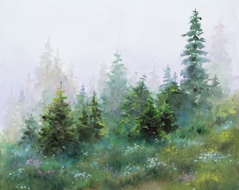 Foggy trees painting ORIGINAL, Misty green landscape Fir trees fog Neutral living room decor wall art  Moody landscape Farmhouse kitchen art