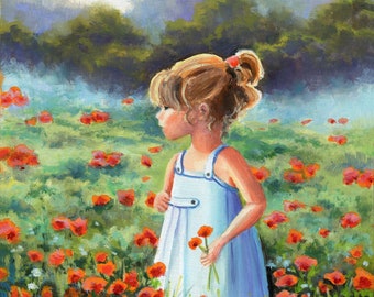 少女の絵、子供の油絵、ポピー畑の子供の絵、子供部屋の女の子のための