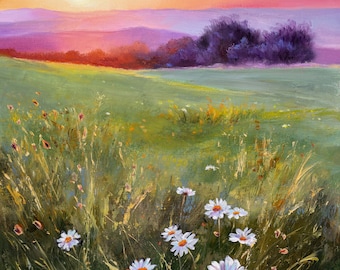野の花のオリジナル絵画、草原のデイジーの風景、夕焼けの野の花の