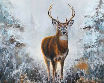 雄鹿の油絵、雪景色の中のオジロジカ、オリジナルの野生動物アート